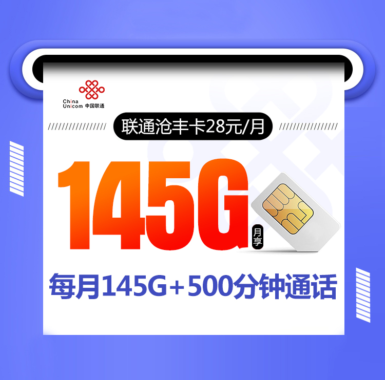 联通沧丰卡【28元145G流量+500分