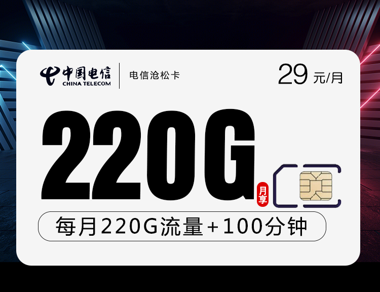 电信沧松卡【29元220G流量+100分钟通话时长】